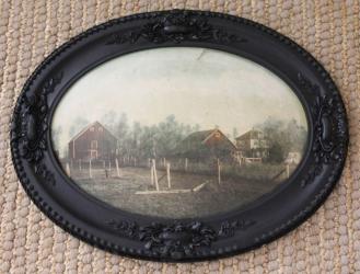 This oil painting, (found in the attic of the Kevin Busch Home) shows what the very first farmstead looked like.